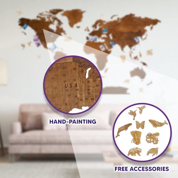 Woodilab Wooden Map of the World for Wall – Large 2D Wood Art Décor with Push Pins | Travel Gift for Wanderlusters & Home Decor Enthusiasts - Image 5