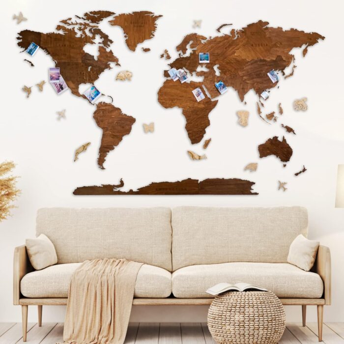 Woodilab Wooden Map of the World for Wall – Large 2D Wood Art Décor with Push Pins | Travel Gift for Wanderlusters & Home Decor Enthusiasts - Image 1