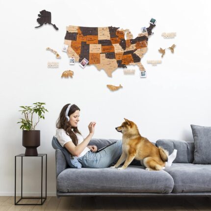 Woodilab 3D Wooden USA Map Wall Art – Large US Travel Map with Push Pins | Unique Gift for Travelers & Home Décor